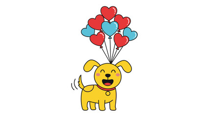 A happy yellow cartoon dog with a red collar floating with a bunch of red and blue heart-shaped balloons on a white background.