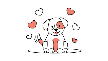 A cute cartoon puppy with a wagging tail sits happily surrounded by red and white love hearts.
