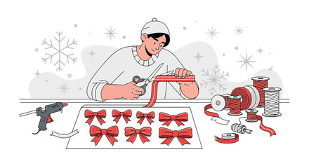 Crafting Holiday Joy: Person Creating Festive Red Bows with Ribbon and Glue Gun preparation