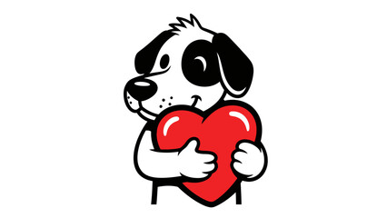 A cartoon dog with black patches on its eyes and ears is hugging a large red heart.