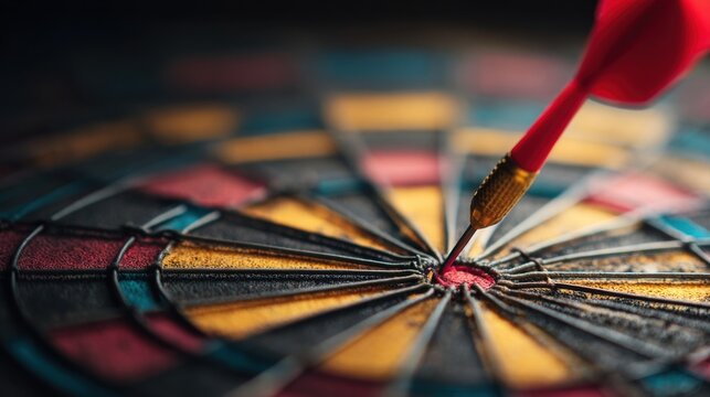 Red dart hitting bullseye on dartboard