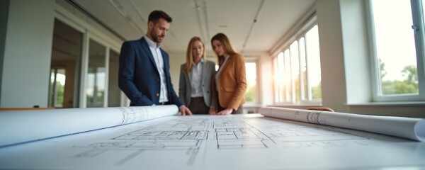 Team of architects study blueprints in bright modern office. Colleagues review design plans. Professionals analyze project layout. Interior design and construction industry concept.