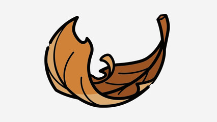A single brown, dried, and curled autumn leaf with a black outline.