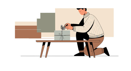 Creative gift wrapping illustration with nature, celebrating a crafted present moment