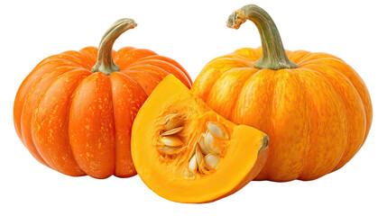 Obraz premium Two piles of pumpkins side by side, one whole and one sliced on transparent background