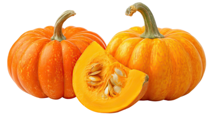 Two piles of pumpkins side by side, one whole and one sliced on transparent background