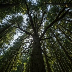 Fototapeta premium Majestic giant tree branch canopy high above the dense, temperate mountain forest floor. Sunlight filters through ancient green needles ,green ,shade ,evergreen