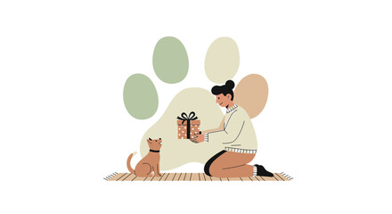 Delightful dog days illustration of a woman giving a gift to her pet with paw background