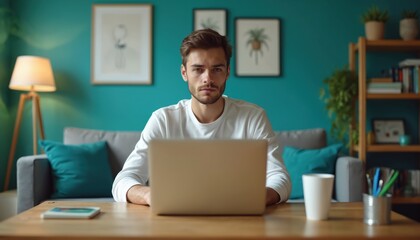 Young handsome man works on laptop computer sitting at desk in modern home office. Focused freelancer using pc for remote job online study. Male professional looks at camera during video call.