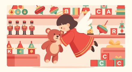 Delightful vintage toy store scene featuring an angel girl hugging a teddy bear