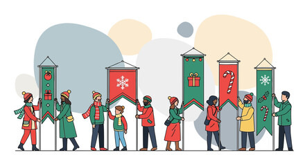 Diverse group celebrates holiday season with decorated pennants in festive spirit