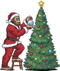 Chimpanzee dressed as Santa Claus decorating a festive Christmas tree with ornaments