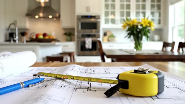 Architectural blueprints, tape measure, and pen on a wooden table with a modern kitchen background