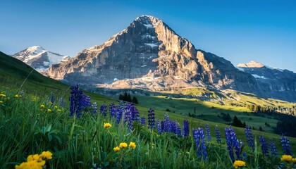 Alpine Bloom: Breathtaking Landscape of Vibrant Summer Wildflowers with a Majestic Snow-Capped Mountain and Reflective Lake