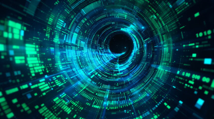 Fototapeta premium Digital Tunnel of Innovation: A captivating digital tunnel pulsates with radiant streams of data, signifying the forward momentum of progress. This visual speaks to innovation, connectivity.