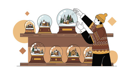 Enchanting collection of snow globes depicting winter villages, showcasing a festive display with