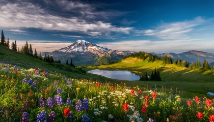 Alpine Bloom: Breathtaking Landscape of Vibrant Summer Wildflowers with a Majestic Snow-Capped Mountain and Reflective Lake