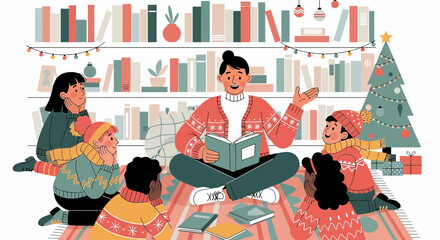 Enchanting winter tale reading session for children surrounded by books and christmas cheer