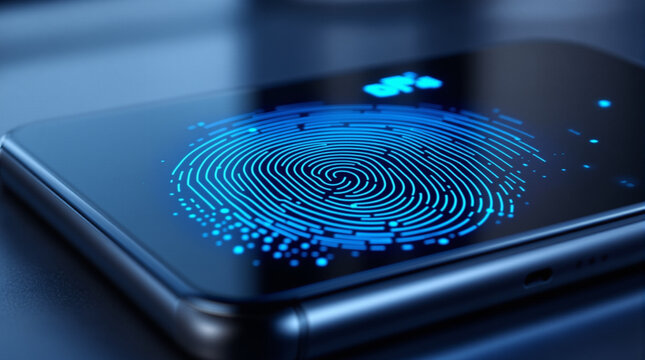 Digital Fingerprint: Close-up shot of a smartphone screen displaying a glowing digital fingerprint, symbolizing security and identity verification.