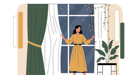 Evening serenity a woman gazes through her window with twinkling lights illuminating the night sky