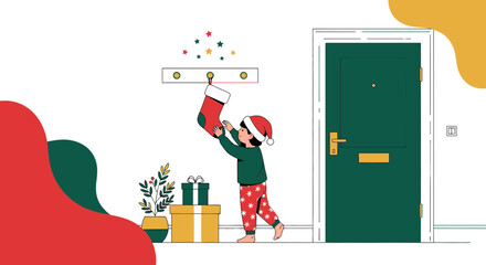 Excitement of Christmas Eve a Child Hangs Stocking with anticipation and joyful expectation