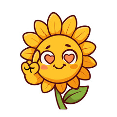 Cartoon sunflower with heart eyes showing peace sign