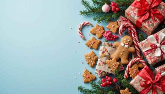 Festive decorations with gingerbread cookies and gifts for a joyful holiday season Generative AI