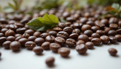 Aromatic coffee beans and fresh leaves for your morning brew or cafe designs
