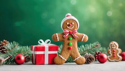 Gingerbread man with festive decorations beside a wrapped gift and pine branches Generative AI
