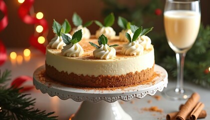 Creamy cheesecake topped with whipped cream swirls and mint leaves, served with eggnog and cinnamon sticks. Festive holiday dessert with bokeh lights and pine branches.