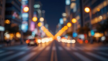 City street at night with blurred lights and traffic creating a lively atmosphere Generative AI