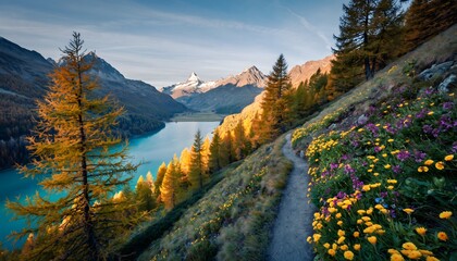 Obraz premium Pristine Summer Scene of Engadine Valley with Turquoise Lakes