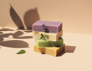 Stack of colorful handmade soaps with natural ingredients and soft shadows