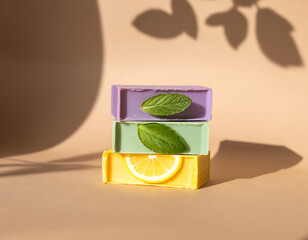 Stack of three colorful artisanal soaps with fresh green leaves and soft shadows