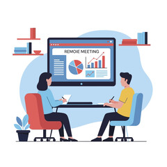 Two people having a remote meeting with data visualization on a large screen.