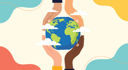 Diverse hands with different skin tones gently hold and protect the planet Earth together showing unity and environmental care.
