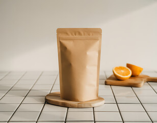 Blank kraft paper stand up pouch packaging with fresh orange slices on wooden board