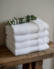 Stack of clean white fluffy bath towels neatly folded on a rustic wooden table