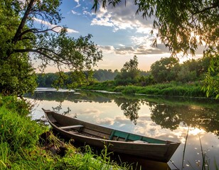 Sun sets on calm river reflecting sky, next to boat and greenery creating a serene, natural landscape