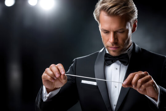 Conductor prepares for orchestral performance in elegant concert hall setting