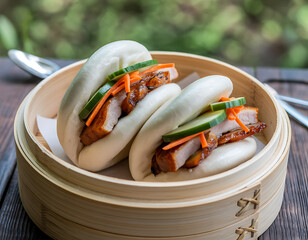 Delicious steamed pork belly bao buns with fresh vegetables in bamboo steamer