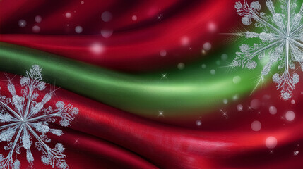 Silk fabric in vibrant red and green hues adorned with sparkling snowflakes. Soft texture and shimmering surface enhance festive spirit. Concept of holiday d&eacute;cor, celebration, event planning
