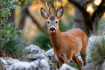Roe Deer Buck with Small Antlers in Autumn Forest
