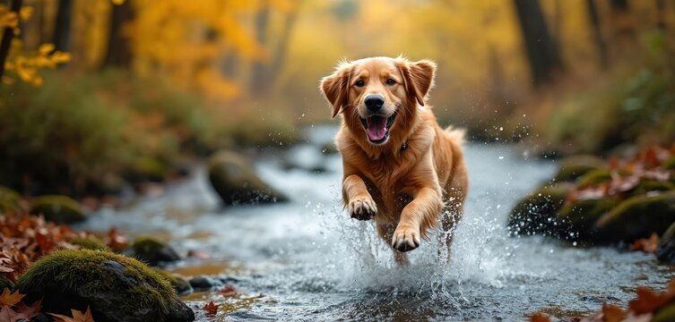 Happy golden retriever dog runs through stream in autumn forest. Playful pet splashes water, enjoying outdoor adventure. Energetic purebred canine fun jumping in creek, walking surrounded by