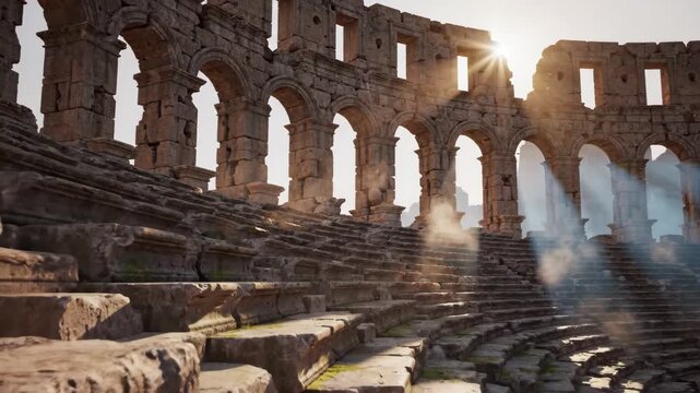 Ancient roman amphitheater ruins bathed in golden sunlight with atmospheric haze