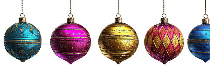 Vibrant Holiday Ornaments Hanging, Three on Upper Level and Two on Lower on Transparent Background