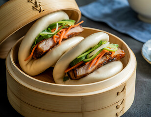 Delicious steamed gua bao buns filled with pork and fresh vegetables in a bamboo steamer