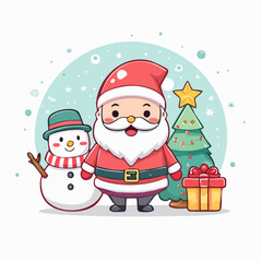 Obraz premium Cartoon Santa Claus stands beside a snowman, Christmas tree, and gift box in a festive winter scene.