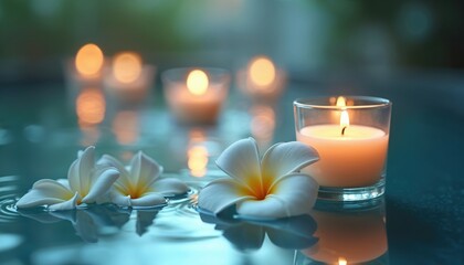 White frangipani flowers, lit aromatic candles float on calm water. Soft candle light reflects on blue surface creating serene spa atmosphere. Peaceful wellness scene with glowing bokeh for
