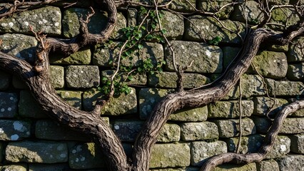 Gnarled Vine Tendrils on Ancient Stone Wall – Timeless Natural Exterior Scene
